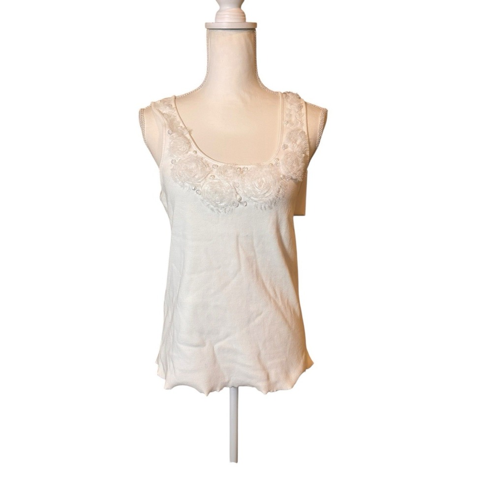Ruby Rd White Sleeveless Tank Top Floral Applique Beaded Embellished Size M
